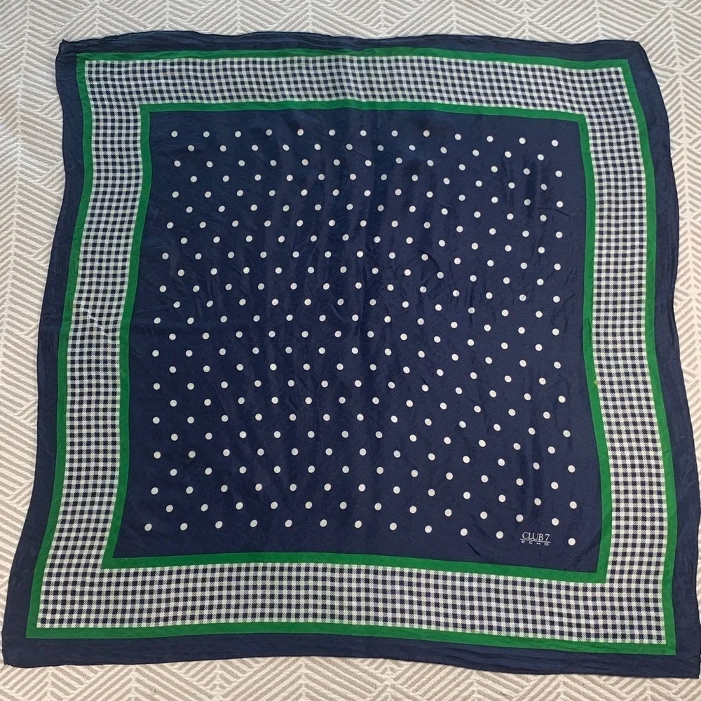 Echo club 7 square navy, green and white checkered scarf silk